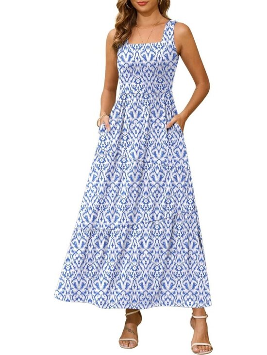 Dresses & Skirts - Women's Floral Blue White Long Beach Sundress Square Neck Tank Tiered Maxi Dress